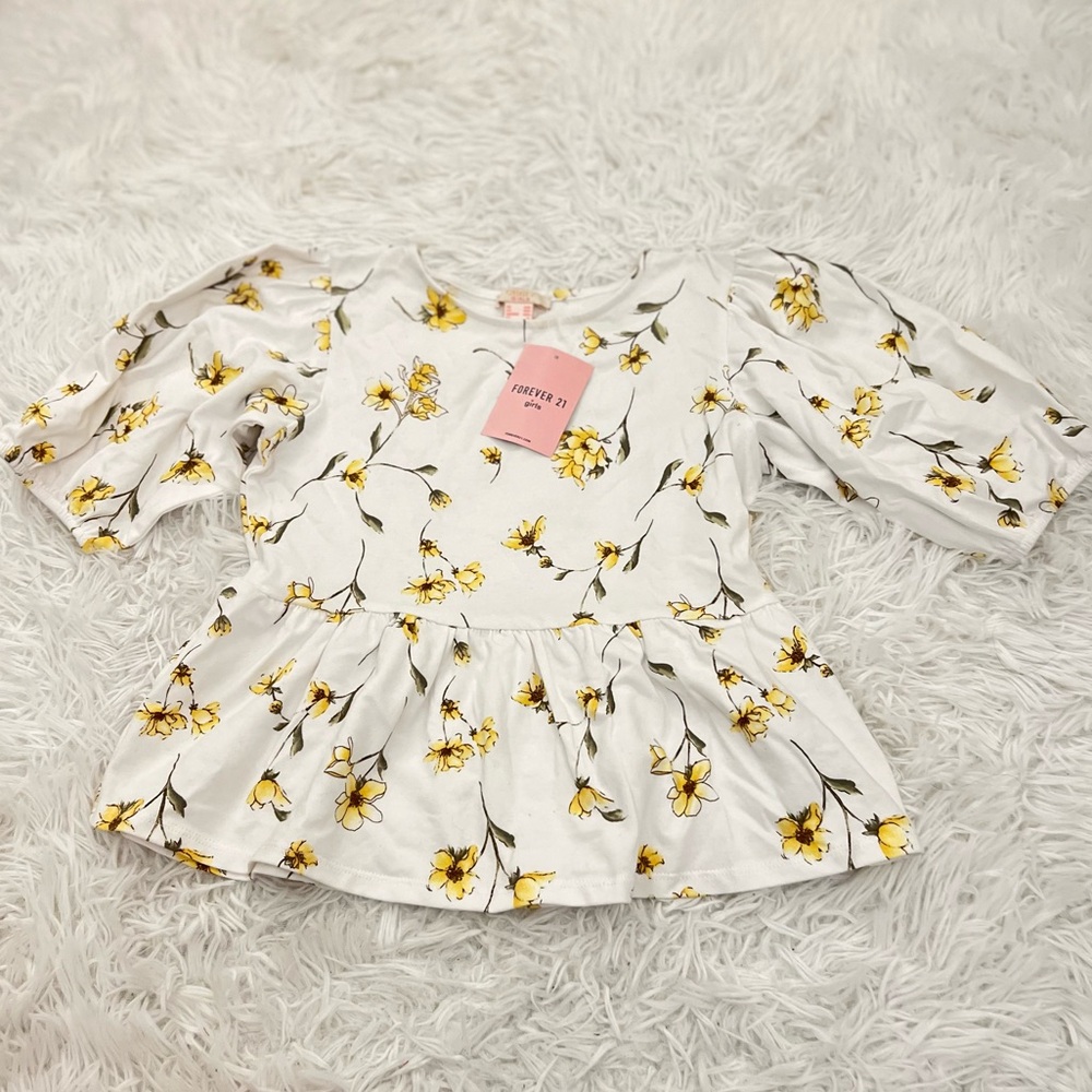 Girls White Peplum Puff Sleeve Top with Yellow Floral Print